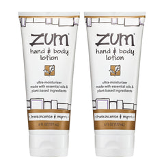 Zum frankincense & myrrh front packaging shows two 6 fl oz bottles and scent benefit