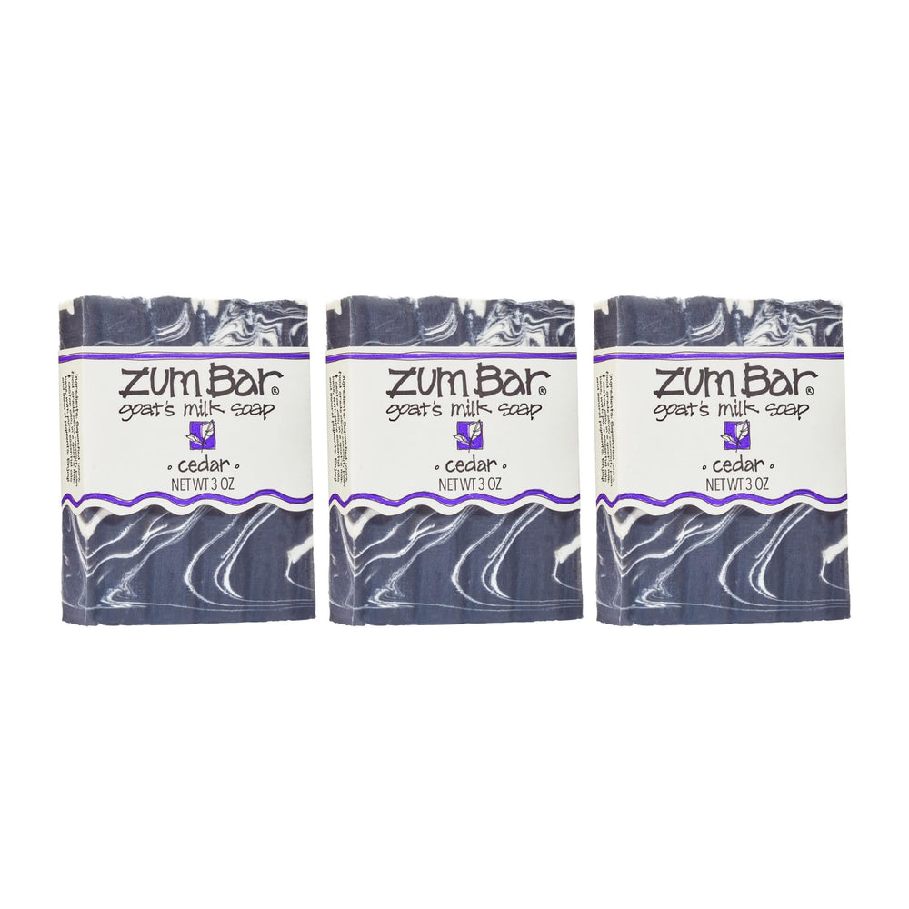Zum cedar soap front packaging showing three 3 oz bars and natural branding benefits