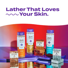 Person using Zum body soap in shower showing easy lather and calming aroma