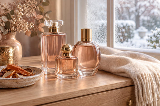 Plain unlabelled glass perfume bottles on a wooden dresser beside a frosted window with soft winter light and a wool scarf