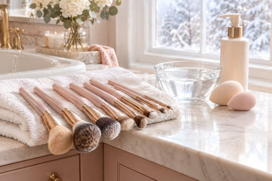 Freshly washed makeup brushes drying flat on a white towel at the edge of a counter beside a bowl of water in soft winter light