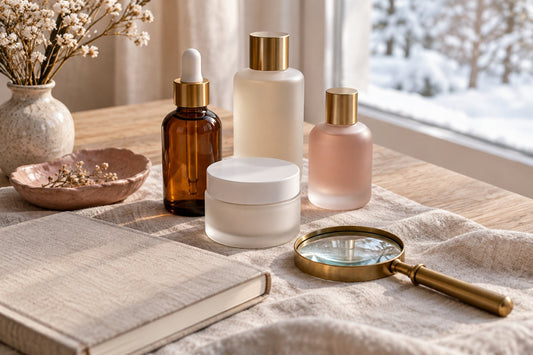 Plain unlabelled skincare bottles and jars arranged on a linen cloth by a bright window, with a magnifying glass and a small notebook