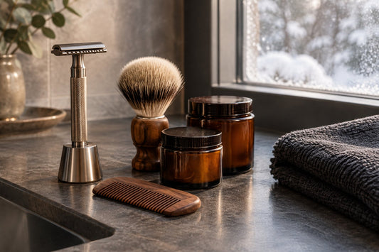 Men's grooming tools including a safety razor, beard comb and plain unlabelled jars on a bathroom counter in soft winter light