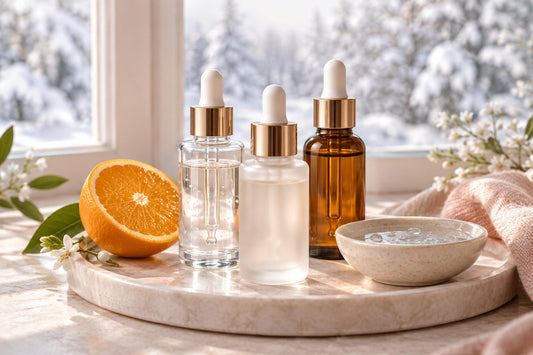 Three plain glass serum bottles with droppers on a stone tray next to a halved orange and a winter window with soft daylight