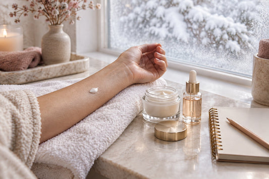 A small dab of white cream on the inner forearm beside plain unlabelled jars on a bathroom counter, with soft winter light from a frosted window