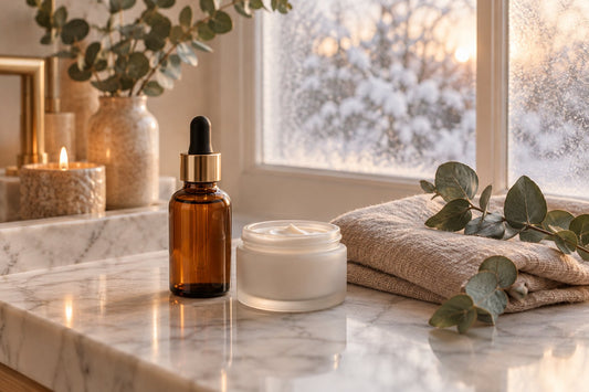 Plain glass dropper bottle of serum and a jar of cream on a bathroom counter beside a frosted window with soft winter light