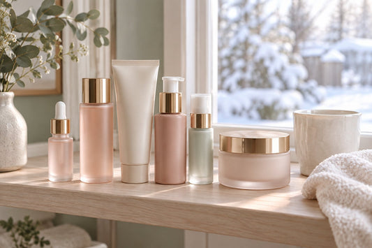 Row of plain unlabelled skincare bottles and jars arranged in order on a bathroom shelf in soft morning winter light