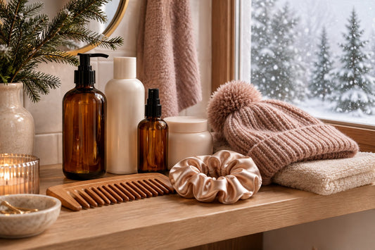 A wide-tooth comb, a satin scrunchie and plain unlabelled hair care bottles on a wooden shelf beside a knit toque and a snowy window