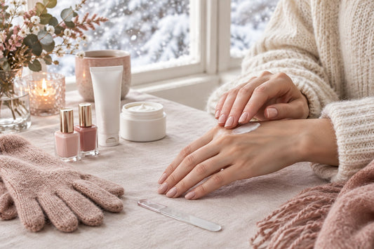 Hands in a cream knit sweater applying hand cream beside plain unlabelled nail polish bottles and a nail file, with snow visible through the window