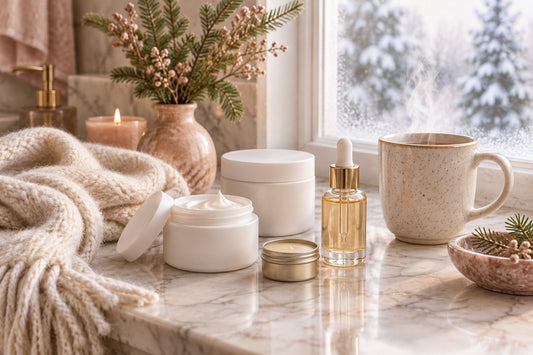 Plain unlabelled cream jars, a lip balm tin and a folded wool scarf on a bathroom counter beside a frosty window with snow outside