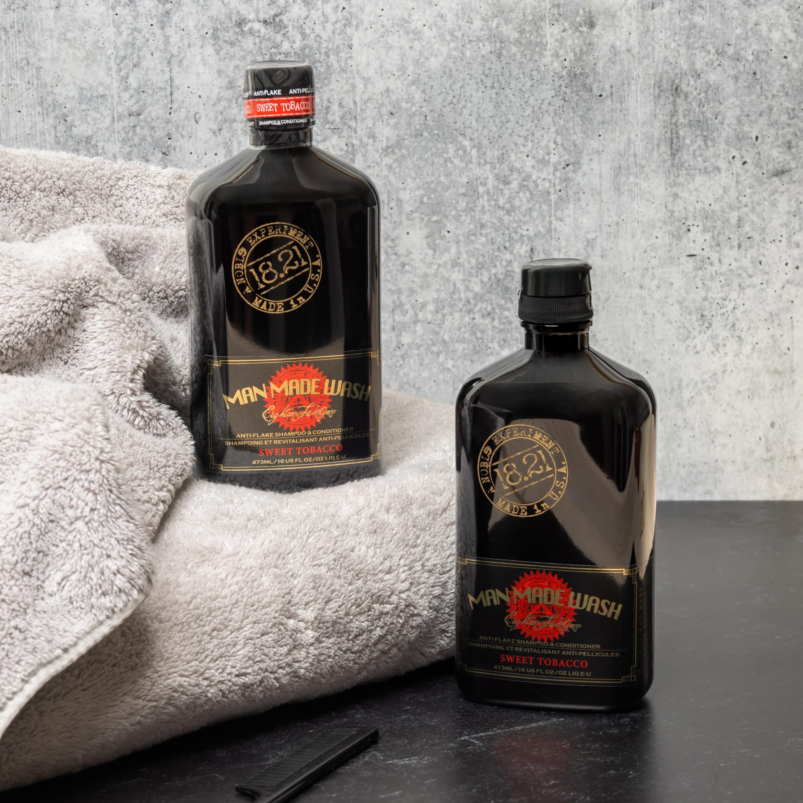 18.21 Man Made bottle styled on bathroom shelf adding warmth