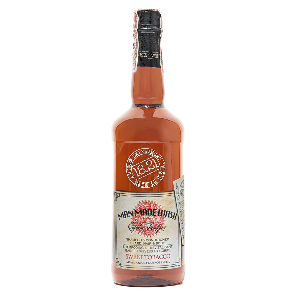 18.21 Man Made front bottle shot showing Sweet Tobacco scent and benefits