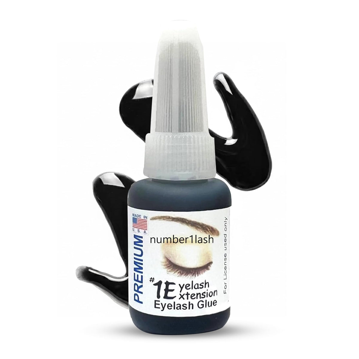 #1 Eyelash Extension front label showing professional 0.34 fl oz bottle and clear branding benefit