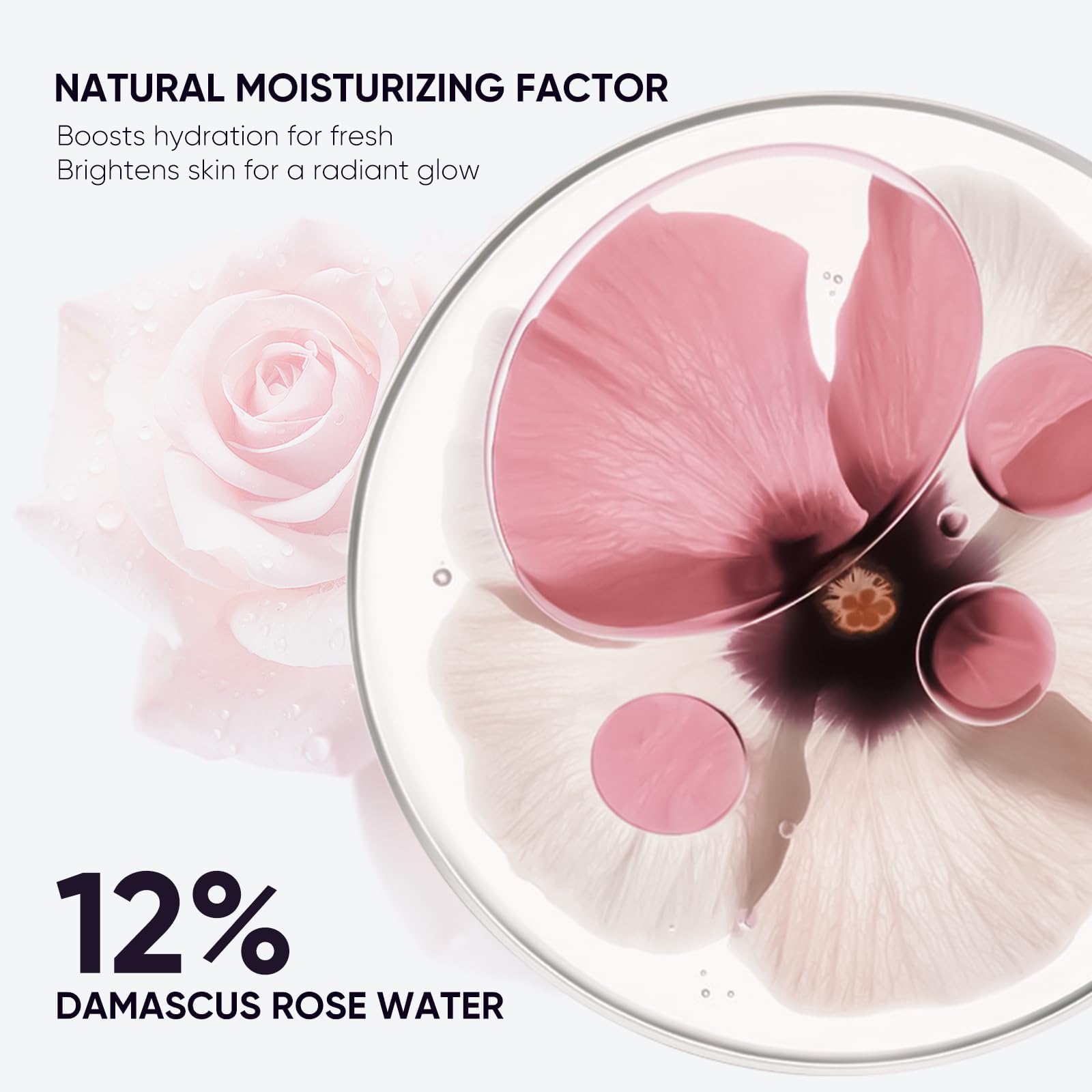 2CHILL rose water and ingredients display emphasizing hydration and brightening benefit