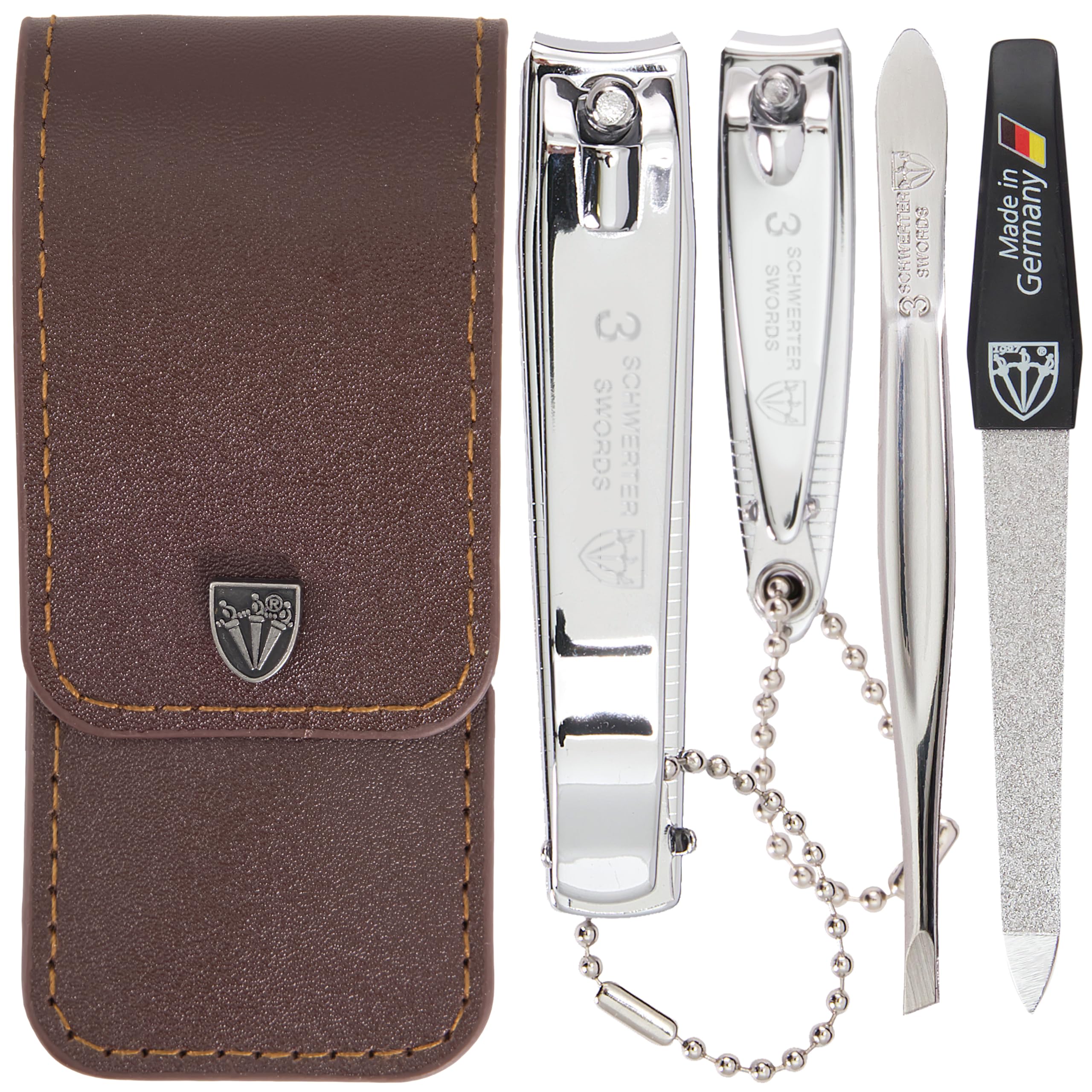 Drei Schwerter open kit in brown case showing four tools and neat storage benefit