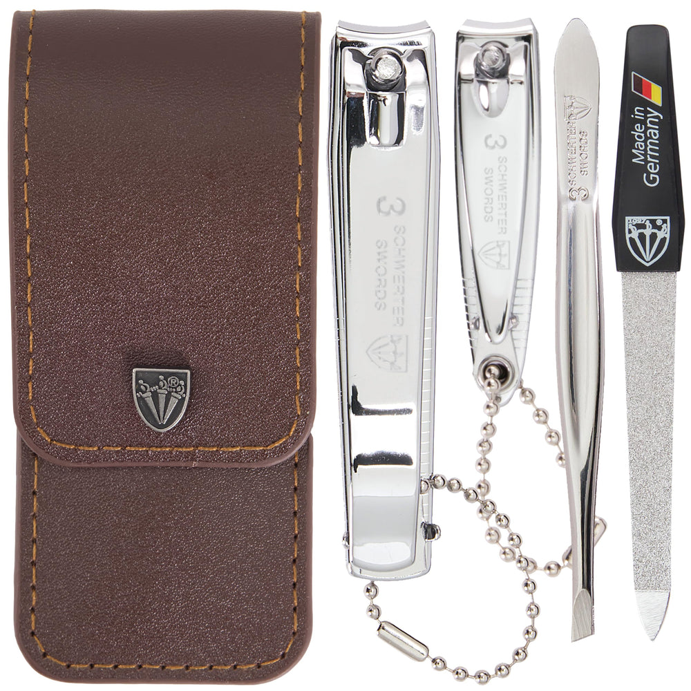 Drei Schwerter open kit in brown case showing four tools and neat storage benefit