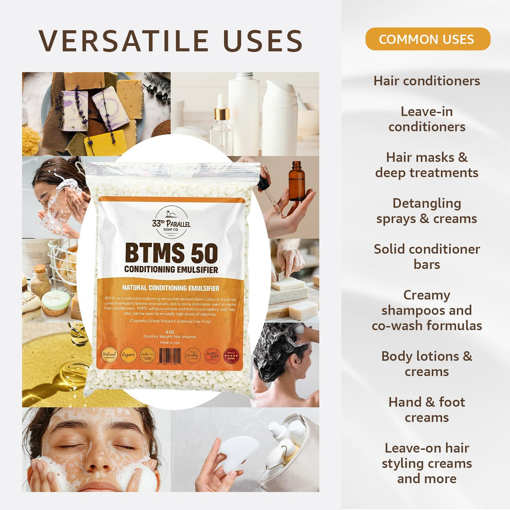 33RD PARALLEL SOAP CO. close-up of BTMS-50 pellets showing smooth texture for easy melting