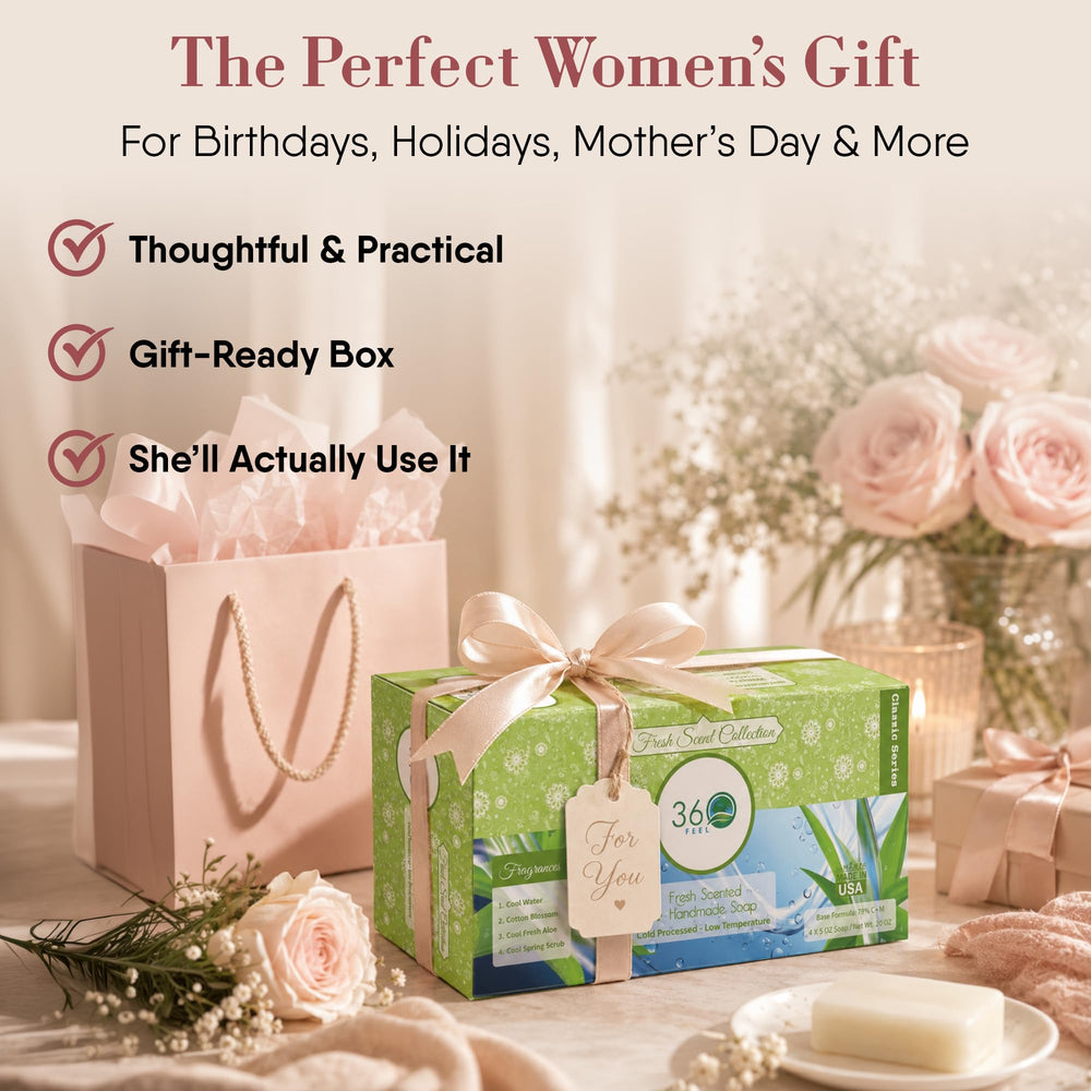 360Feel four bars displayed in bathroom lifestyle setting promoting everyday freshness