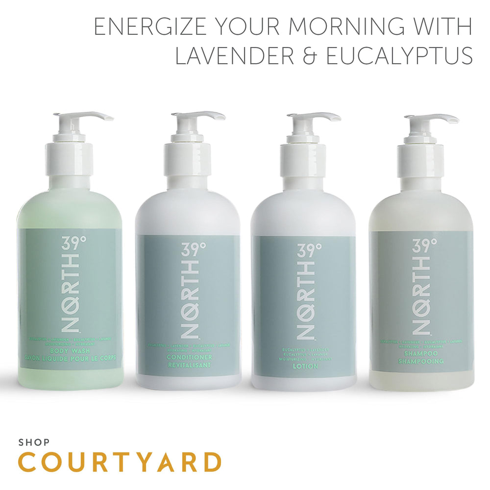 39° North shampoo on bathroom shelf evoking a spa-inspired routine