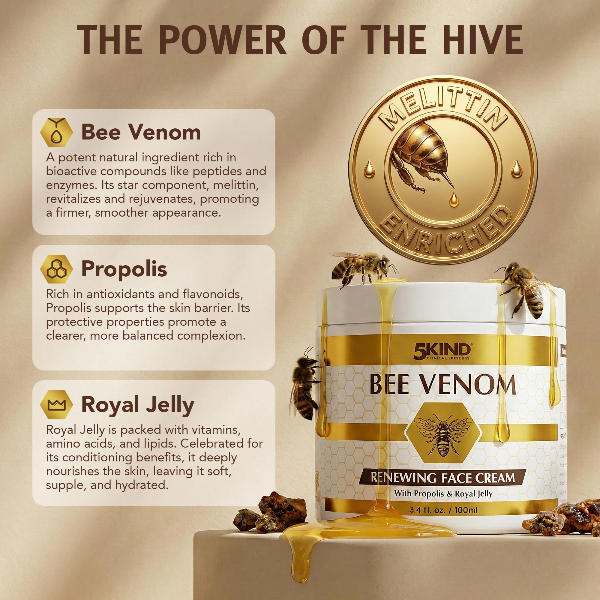 5kind clinical skincare flatlay of bee venom, propolis and royal jelly ingredients