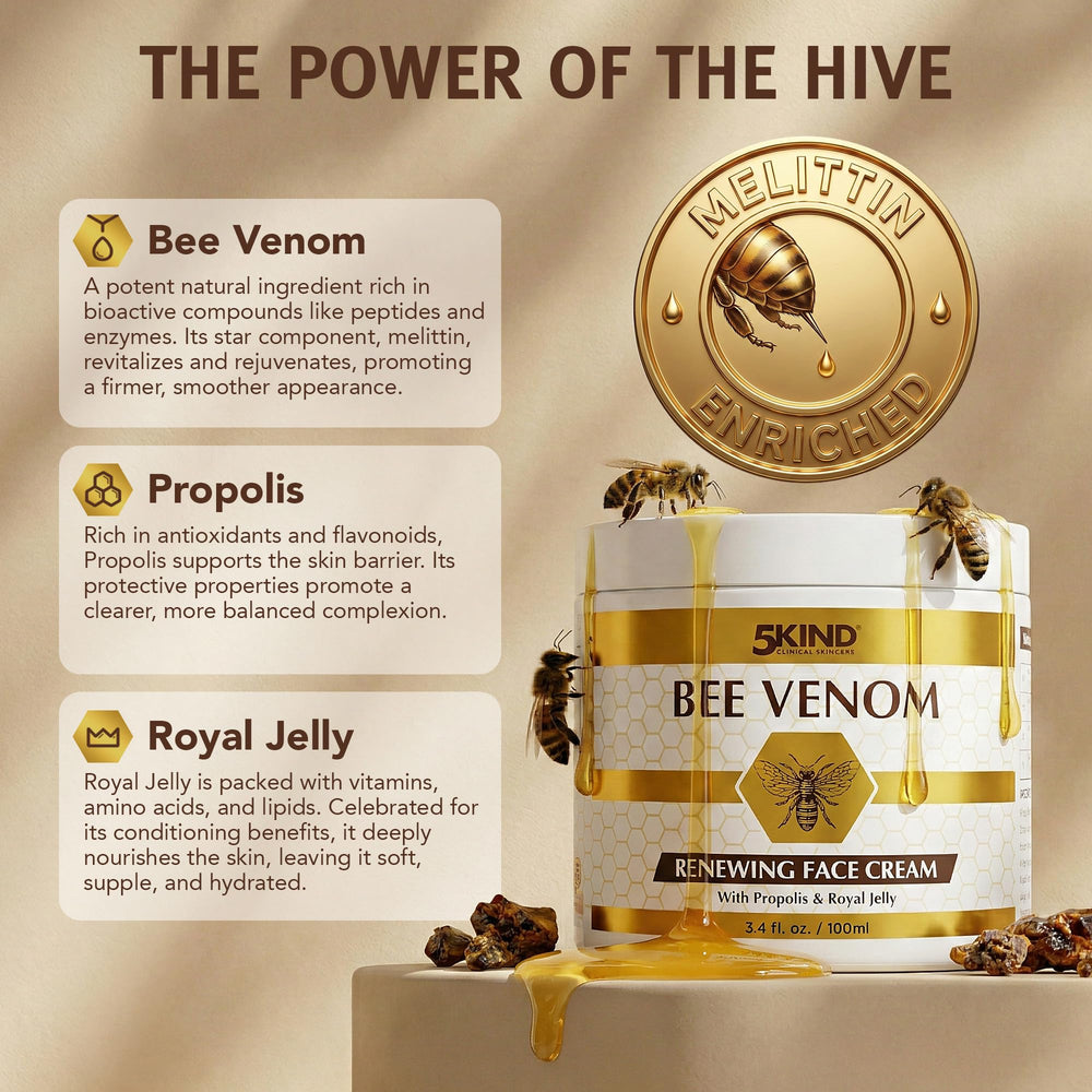 5kind clinical skincare flatlay of bee venom, propolis and royal jelly ingredients