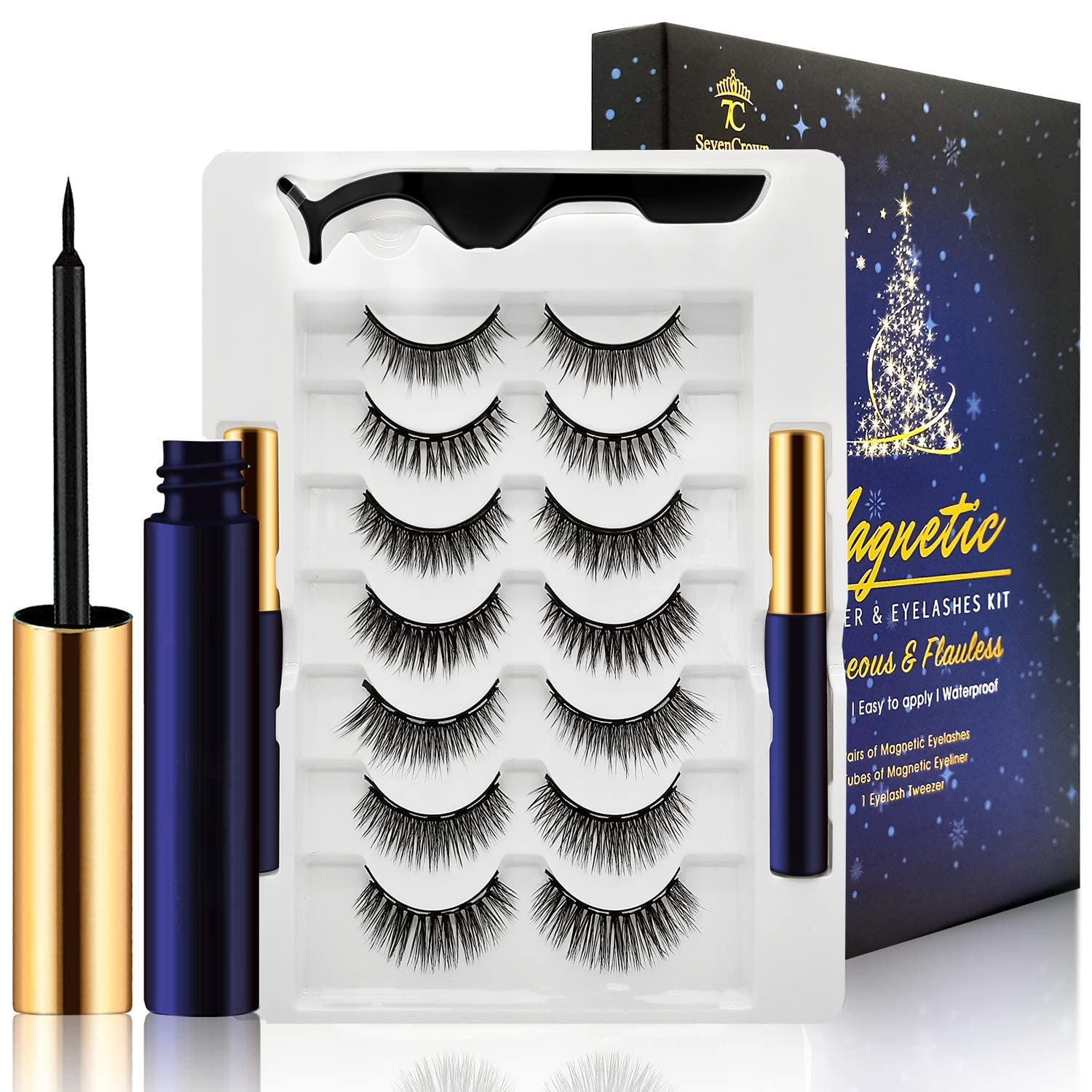 7C SEVENCROWN kit front packaging showing seven lash styles and eyeliner — clear organization for quick selection
