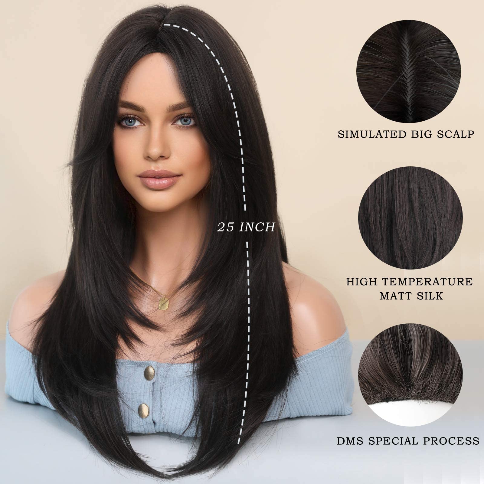 7JHH WIGS close-up of bangs and layered ends highlighting realistic movement benefit