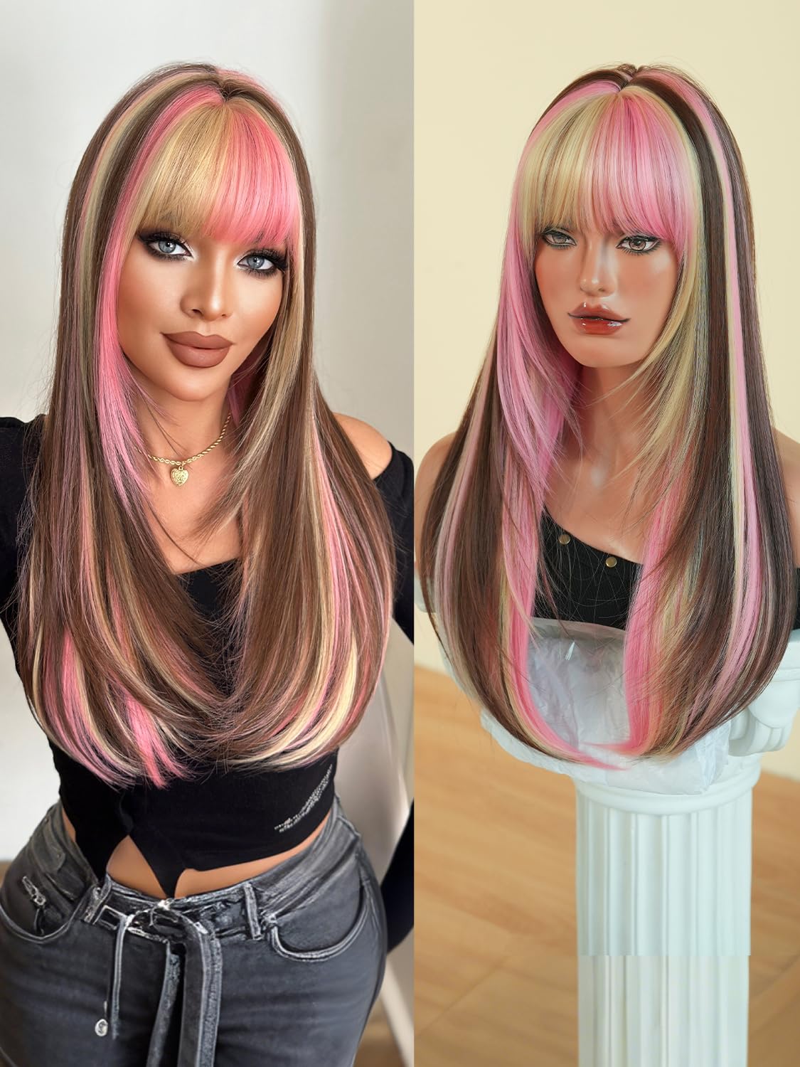 7JHH WIGS front view showing 26in pink brown ombre for instant style