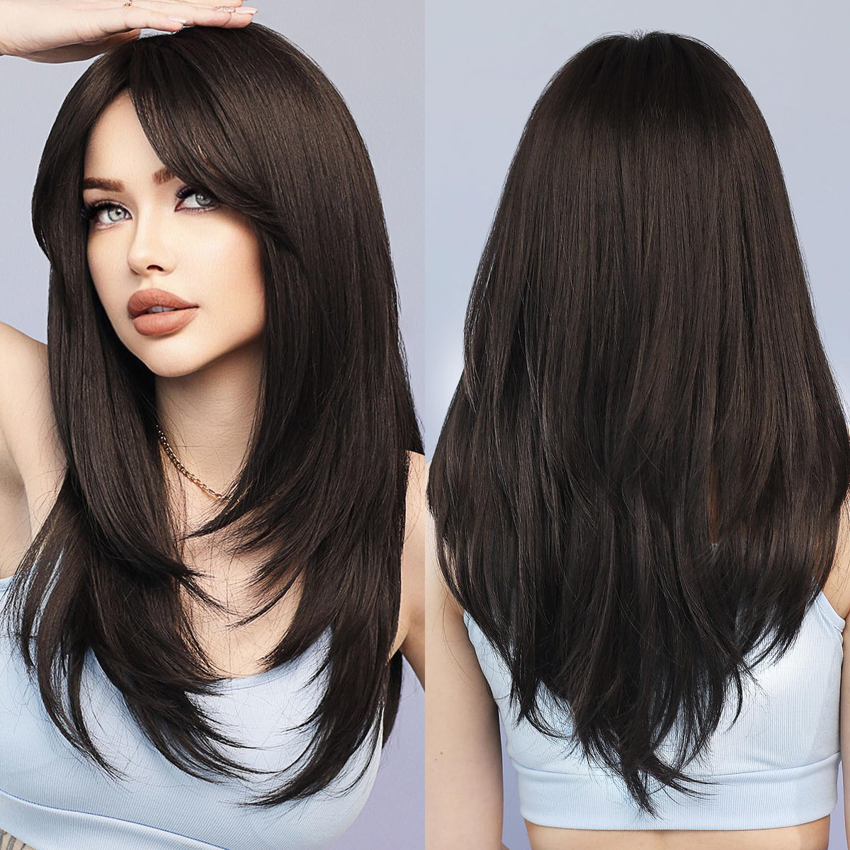 7JHH WIGS front view showing natural black straight layers and bangs benefit natural look