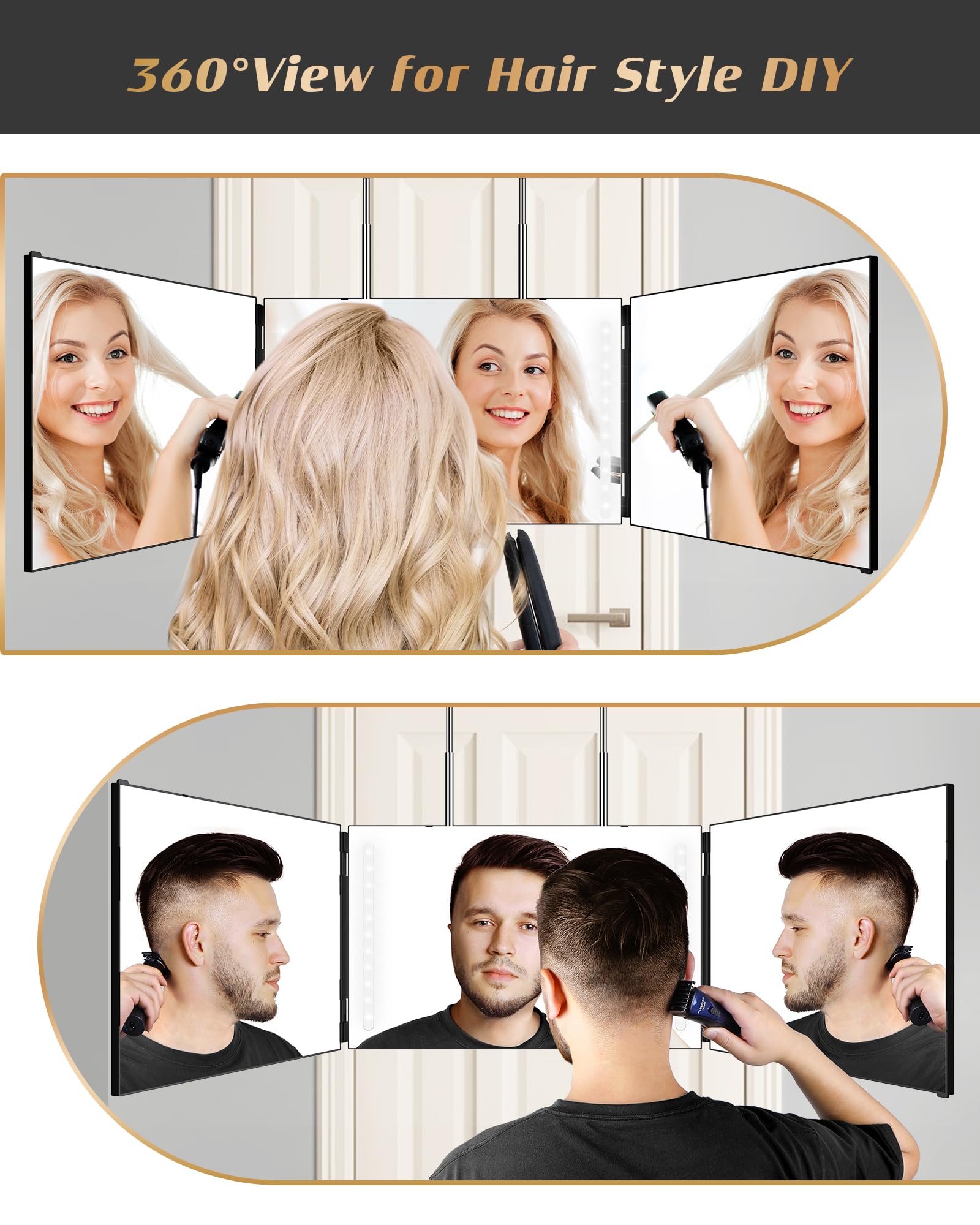 JUSRON mirror securely mounted on a bathroom door for hands-free cutting benefit