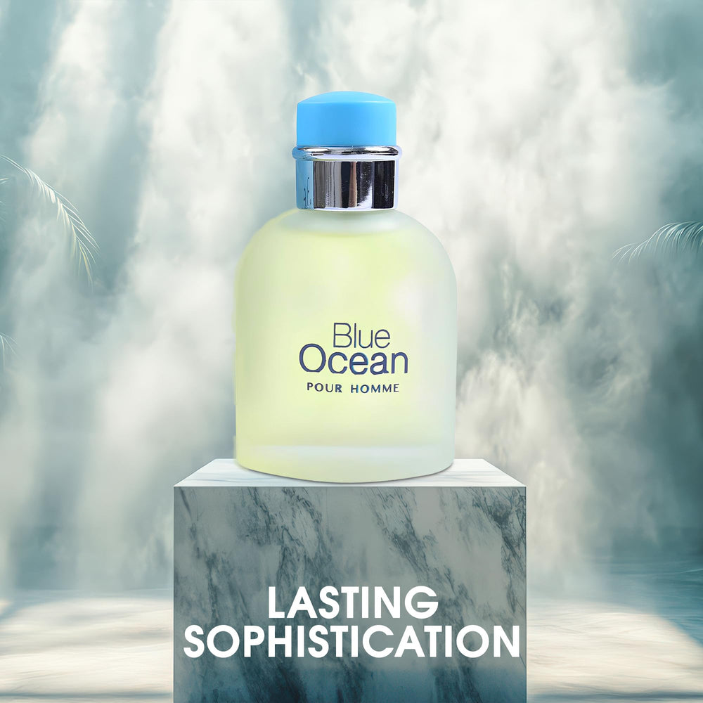 A CENTER Blue Ocean bottle close-up texture highlighting glass finish and luxury