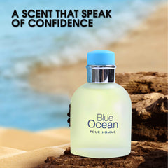 A CENTER Blue Ocean man spraying fragrance demonstrating fresh daytime use