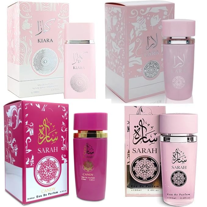A CENTER front view of four floral perfume bottles showing elegant display and gift appeal