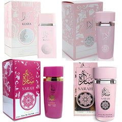 A CENTER front view of four floral perfume bottles showing elegant display and gift appeal