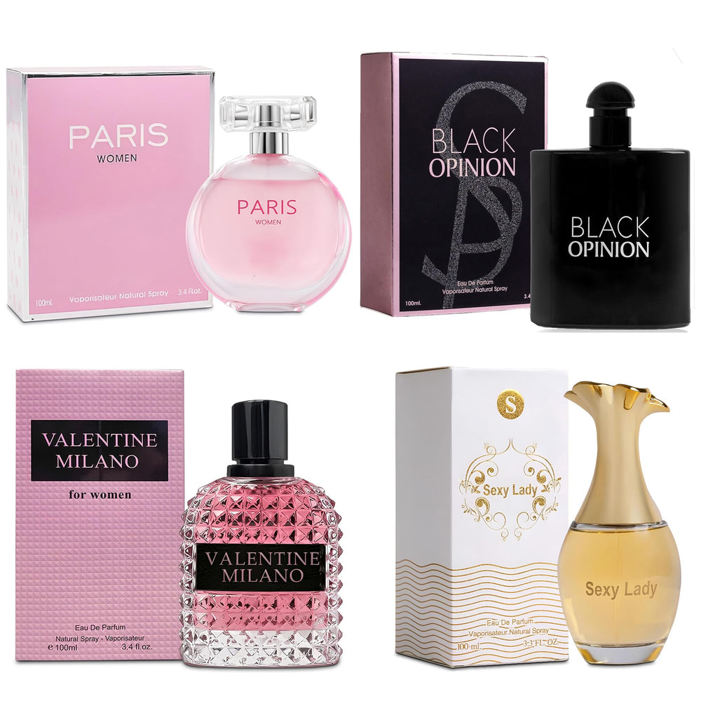 A CENTER front packaging display showing four elegant perfume bottles and gift box benefit: beautiful presentation