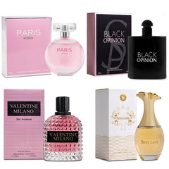 A CENTER front packaging display showing four elegant perfume bottles and gift box benefit: beautiful presentation