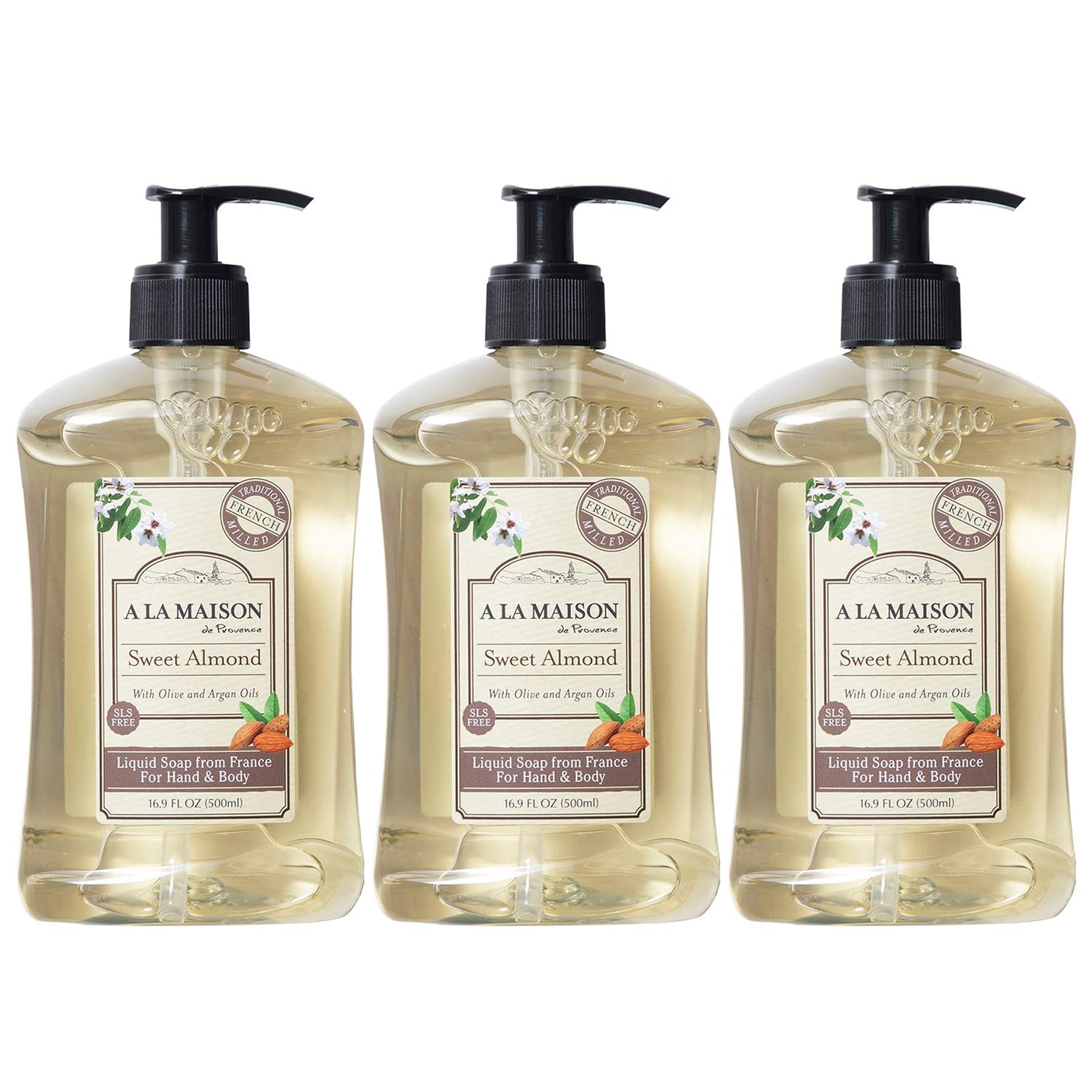 A LA MAISON front packaging showing almond scent and three-pack benefits
