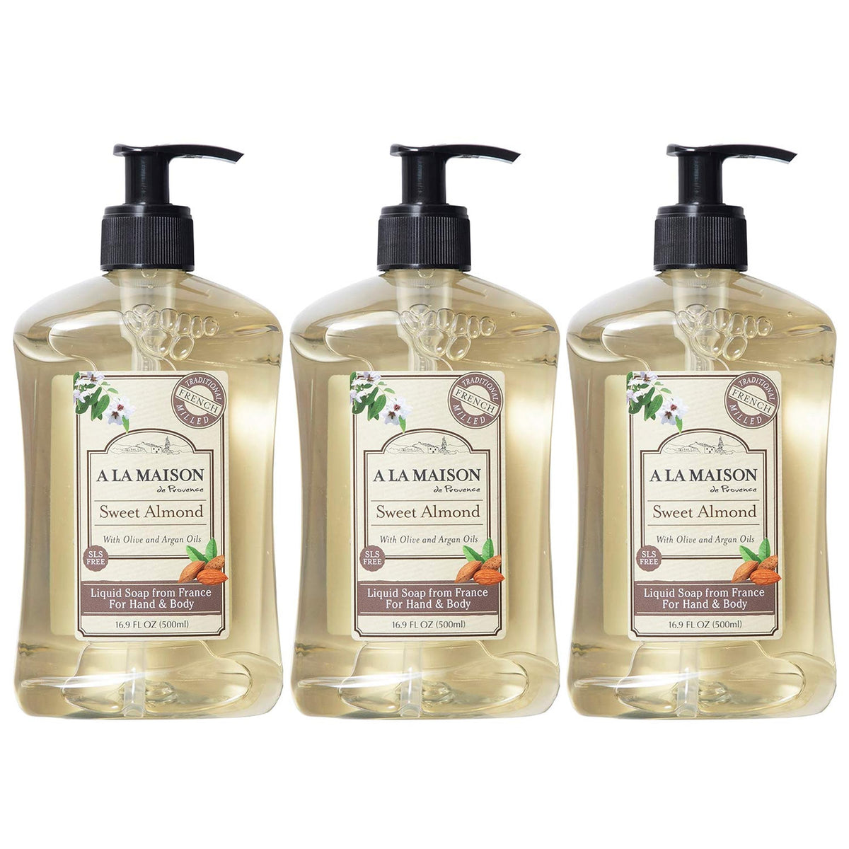 A LA MAISON front packaging showing almond scent and three-pack benefits