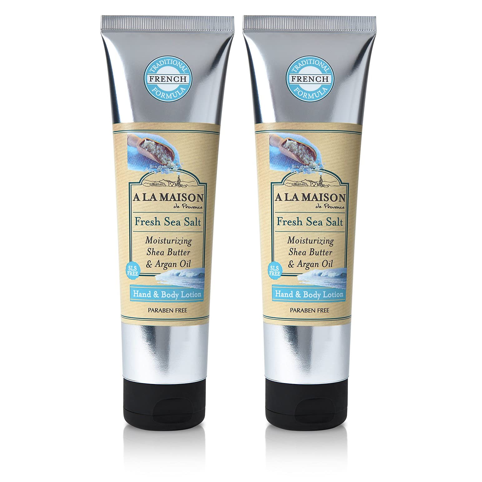 A LA MAISON front packaging showing two Fresh Sea Salt bottles and easy storage benefit