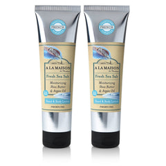 A LA MAISON front packaging showing two Fresh Sea Salt bottles and easy storage benefit