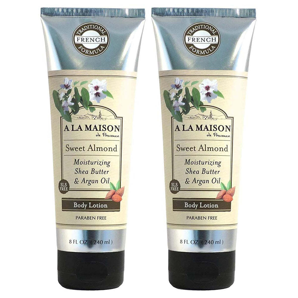 A LA MAISON front packaging showing sweet almond lotion and benefit of fast absorption