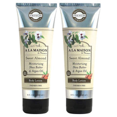 A LA MAISON front packaging showing sweet almond lotion and benefit of fast absorption