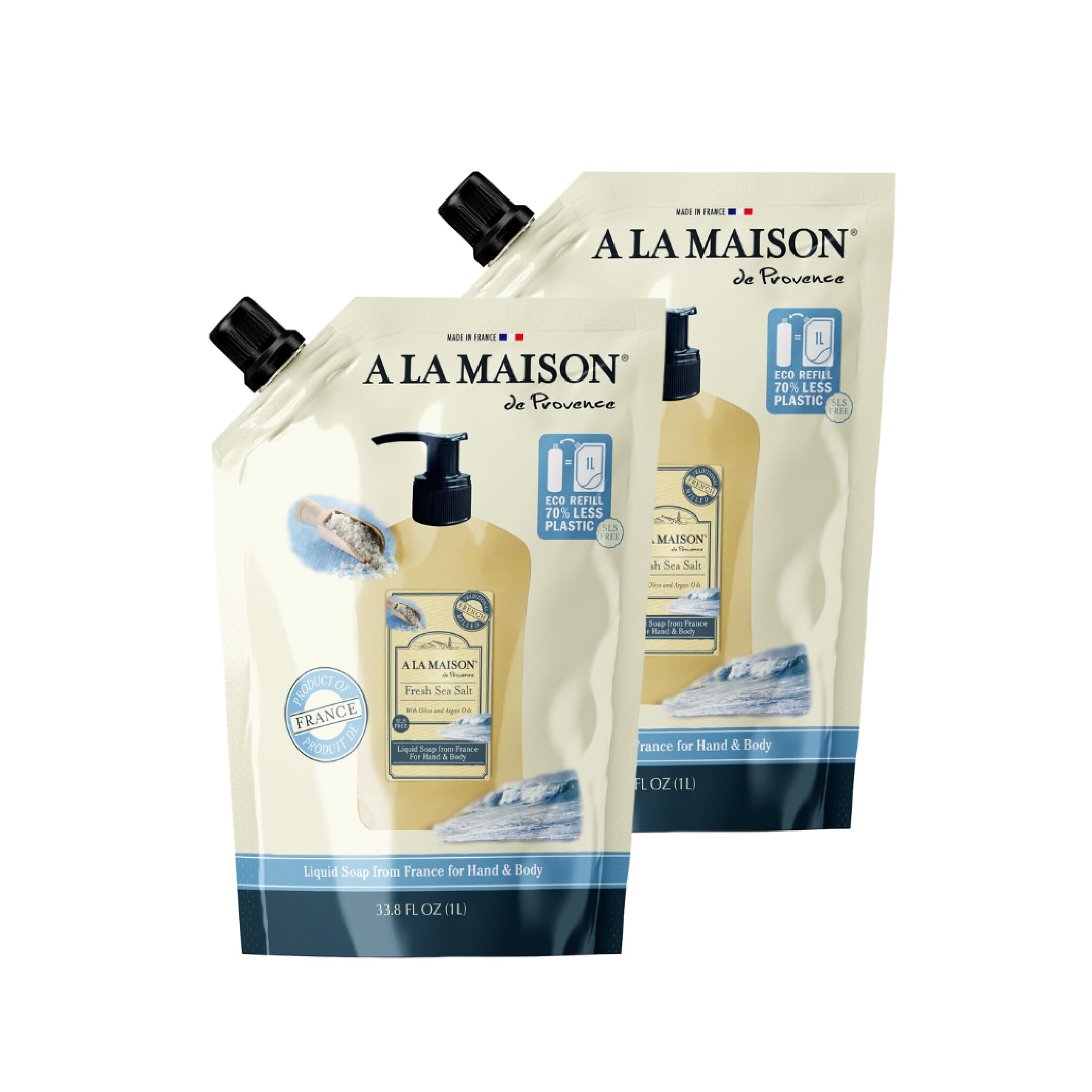 A LA MAISON front pouch showing Fresh Sea Salt label and eco refill benefits