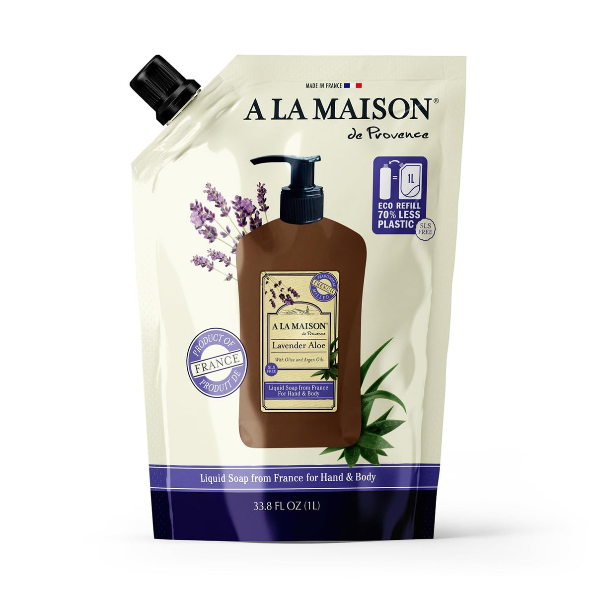 A LA MAISON front pouch showing lavender aloe refill and eco benefits