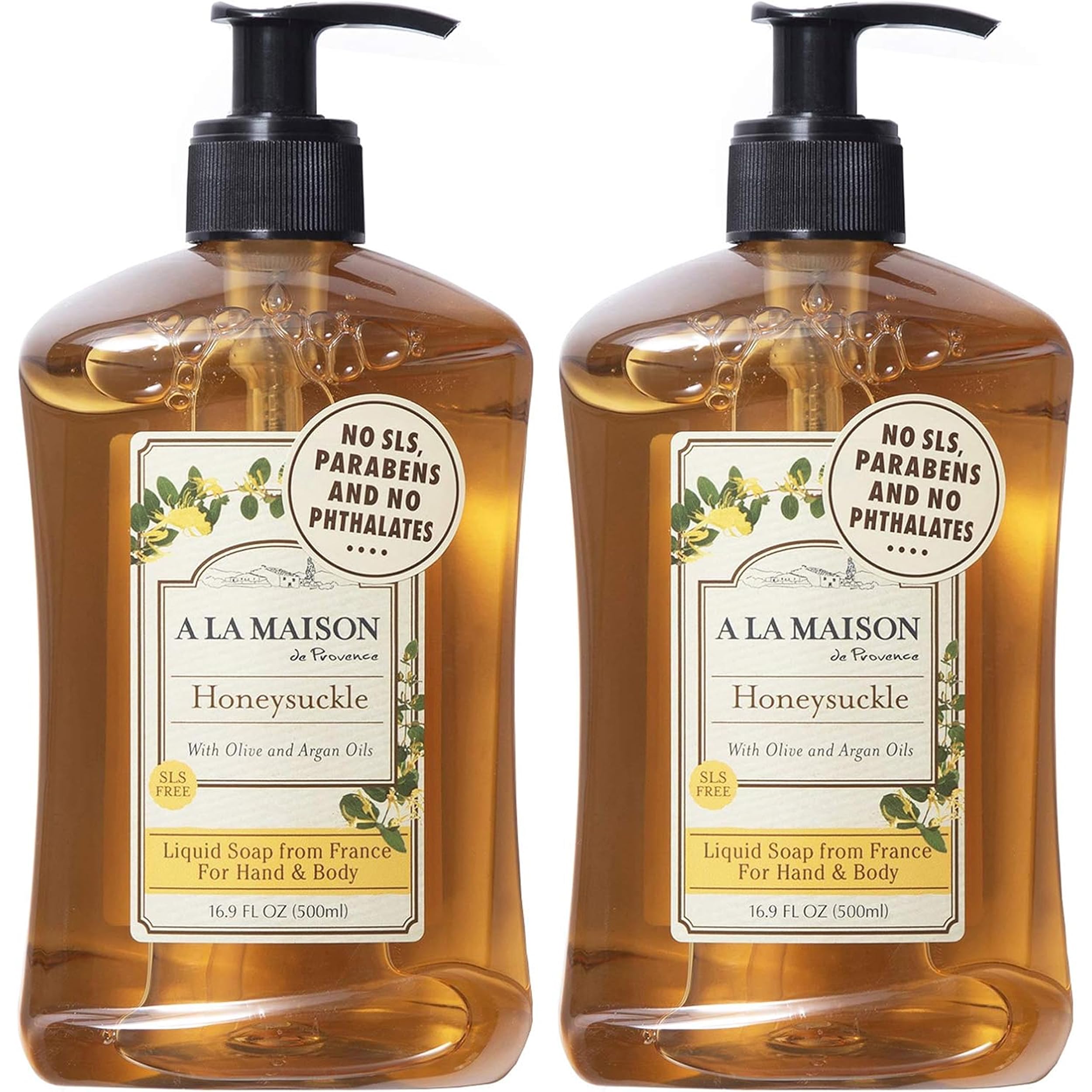 A LA MAISON front bottle showing honeysuckle scent and gentle cleansing benefit