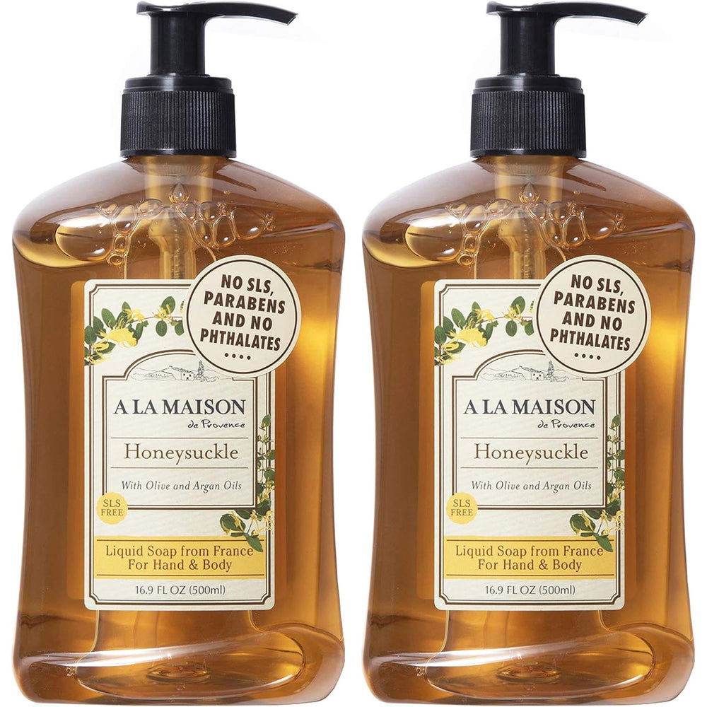 A LA MAISON front bottle showing honeysuckle scent and gentle cleansing benefit
