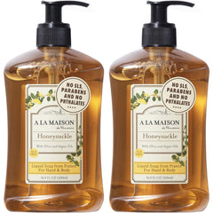 A LA MAISON front bottle showing honeysuckle scent and gentle cleansing benefit