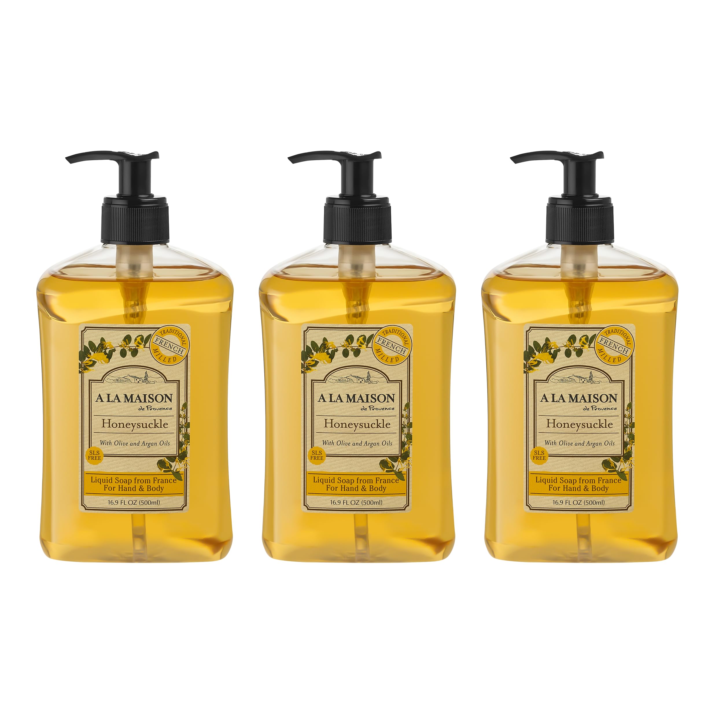 A LA MAISON front packaging showing three honeysuckle soap bottles and ease of use