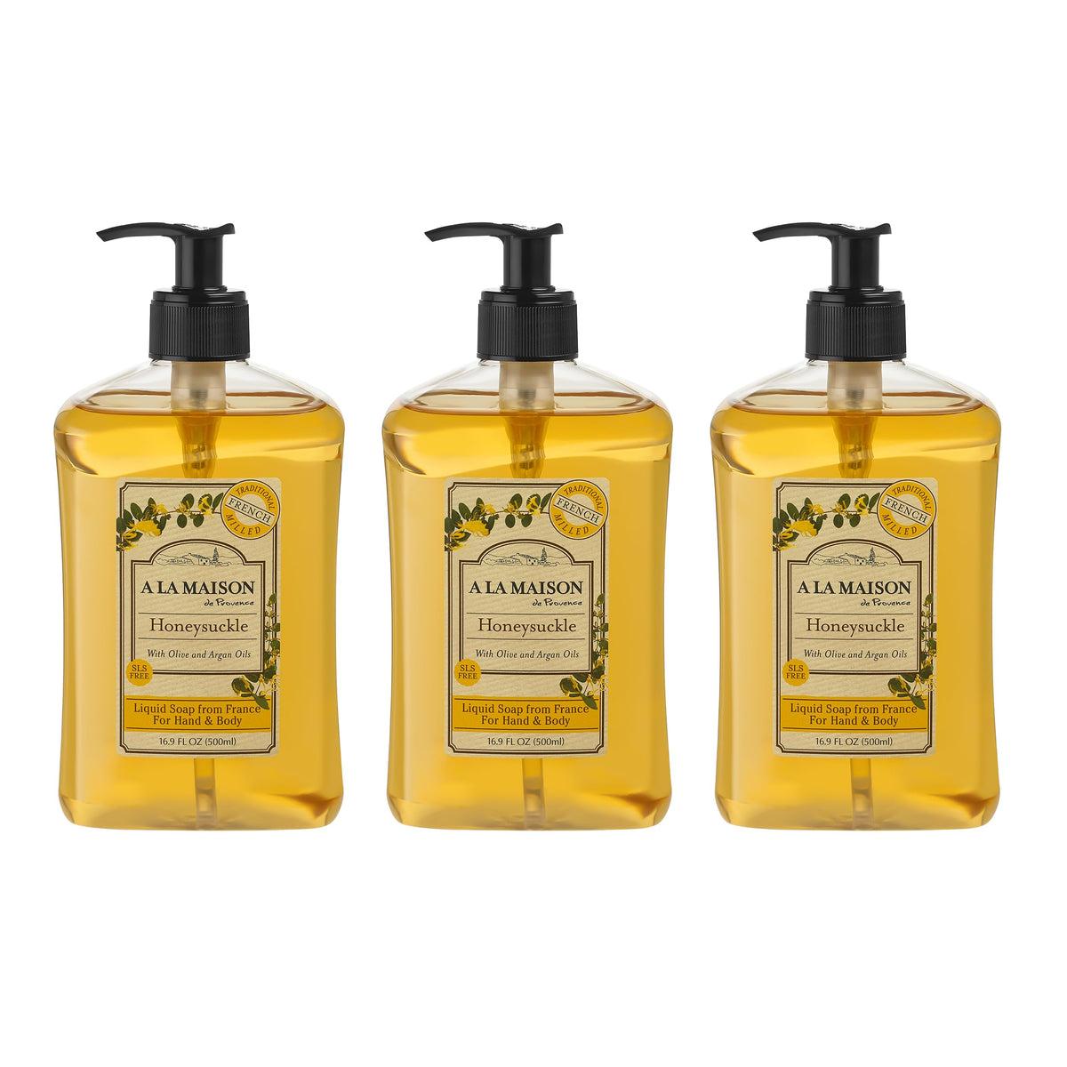 A LA MAISON front packaging showing three honeysuckle soap bottles and ease of use
