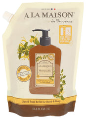 A LA MAISON honeysuckle front refill pouch shows label and size benefits